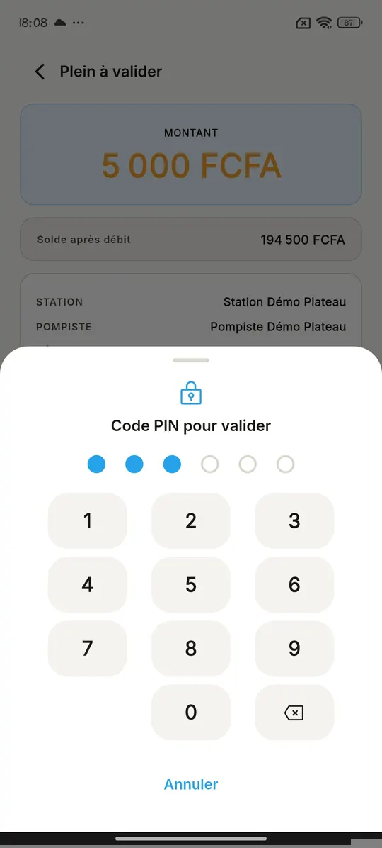 Saisie du code PIN à 6 chiffres pour validation